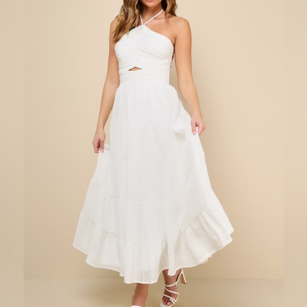 Effortless Sweetness White Ruched Lace-Up Tiered Midi Dress